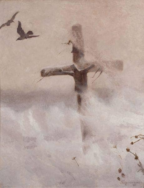 Cross in the blizzard by Józef CheÅmoÅski — Oil Painting Reproduction