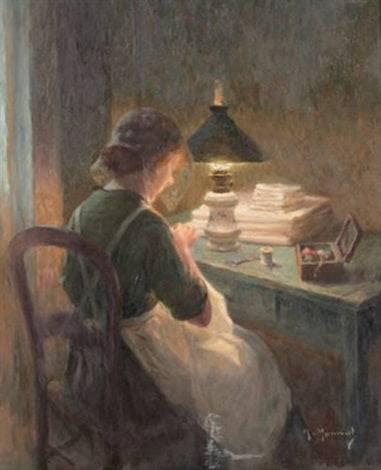 Sewing Under the Lamp by Maurice Louis Monnot — Oil Painting Reproduction