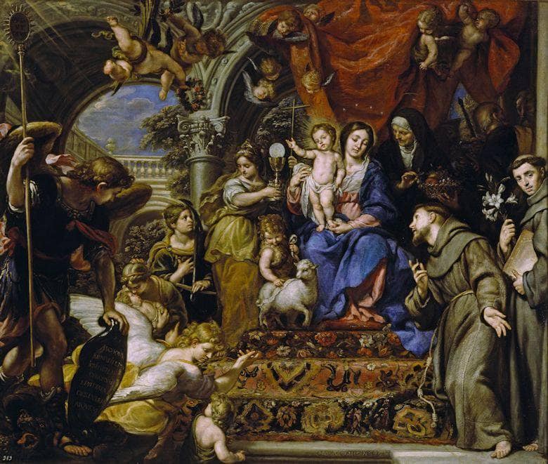 La Virgen con el Niño entre las Virtudes teologales y santos by Claudio Coello — Oil Painting Reproduction