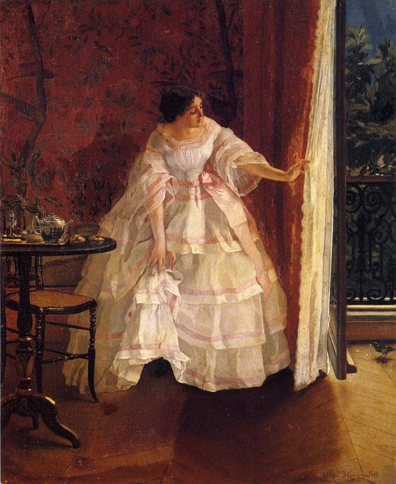 Lady at a Window Feeding Birds by Alfred Stevens — Oil Painting Reproduction
