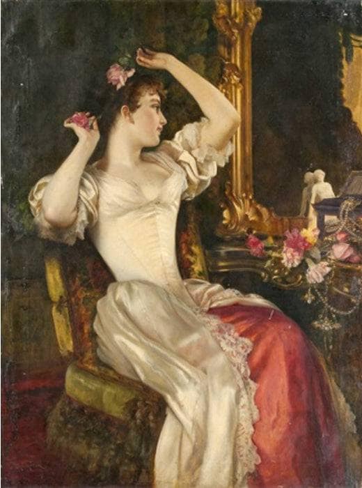 Lady in front of the mirror with rose bouquet by Wladyslaw Czachorski — Oil Painting Reproduction