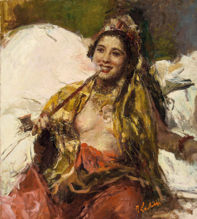 Lady with pipe in hallway