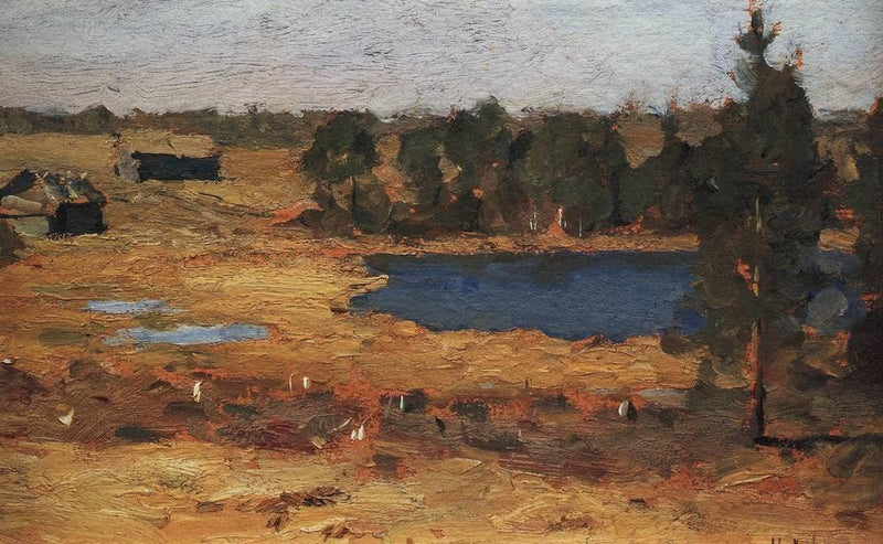 Lake. Barns at the forest edge. by Isaac Levitan — Oil Painting Reproduction