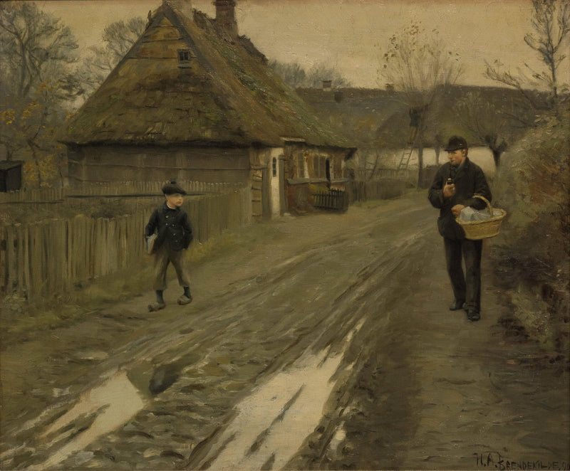 Landsbygade I Grå Vinterstemning by Hans Andersen Brendekilde — Oil Painting Reproduction