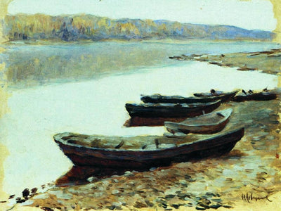 Landscape on Volga. Boats by the Riverbank. in hallway