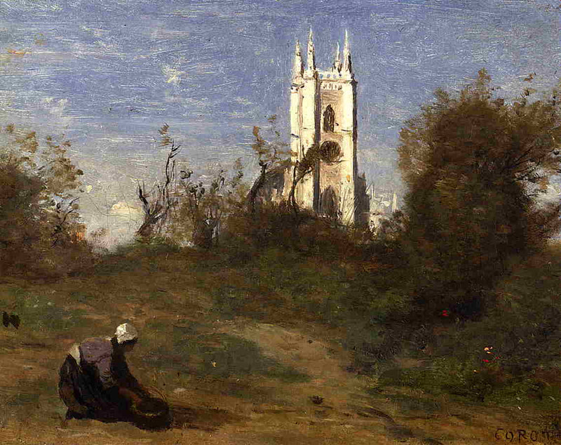 Landscape with a White Tower, Souvenir of Crecy by Camille Corot — Oil Painting Reproduction