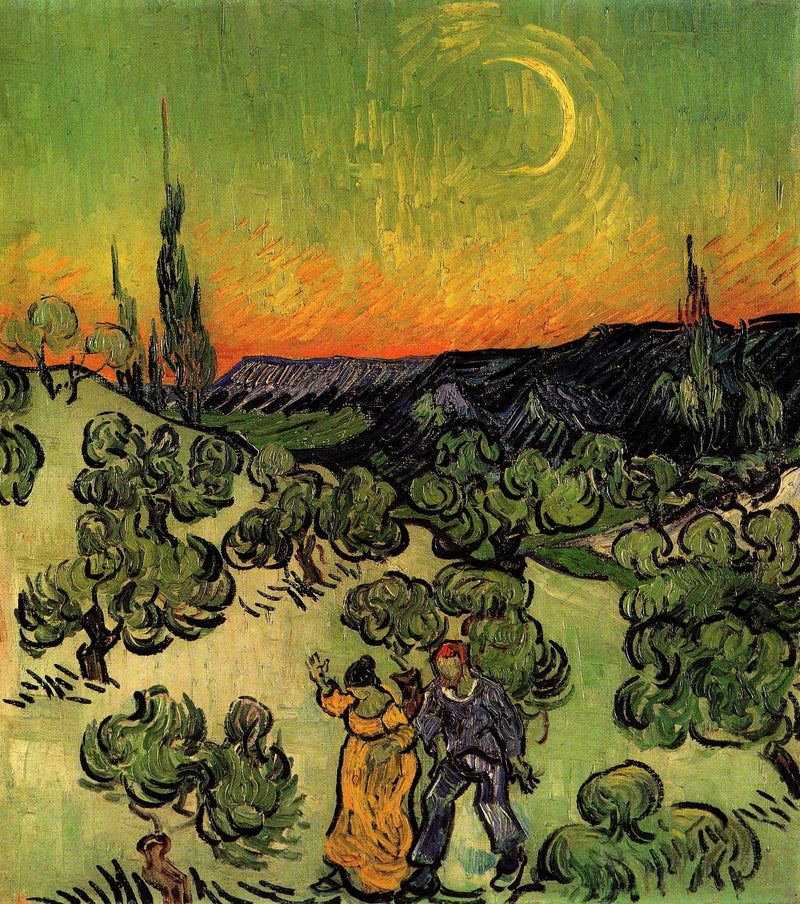 Landscape with Couple Walking and Crescent Moon by Vincent van Gogh — Oil Painting Reproduction