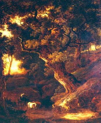 Landscape with cows and human figure in study