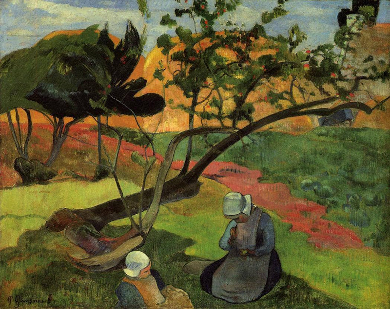 Landscape with two breton women by Paul Gauguin — Oil Painting Reproduction