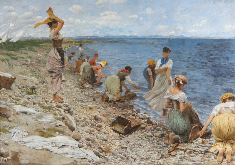 Laundresses on Lake Garda by Ettore Tito — Oil Painting Reproduction
