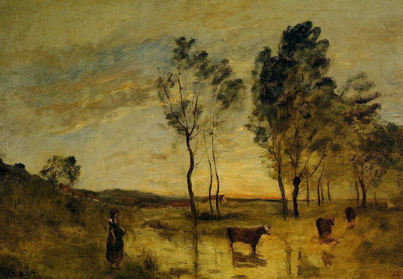 Le Gue (Cows on the Banks of the Gue) by Camille Corot — Oil Painting Reproduction