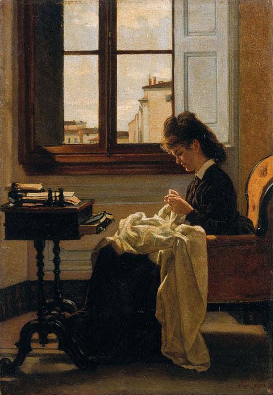 Woman sitting by a window sewing by Silvestro Lega — Oil Painting Reproduction
