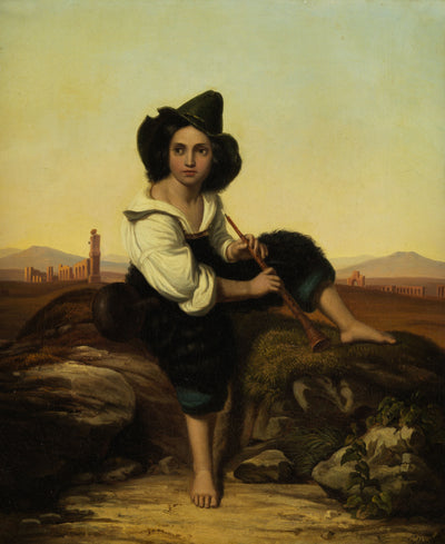 Italian shepherd boy sitting on a rock in dining room