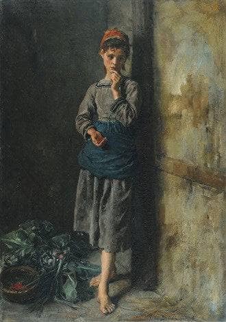 Little girl eating cherries by Jules Breton — Oil Painting Reproduction