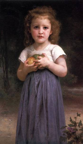 Little girl holding apples in her hand in entryway