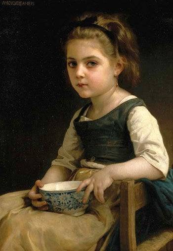 Little Girl with a Blue Bowl in kitchen