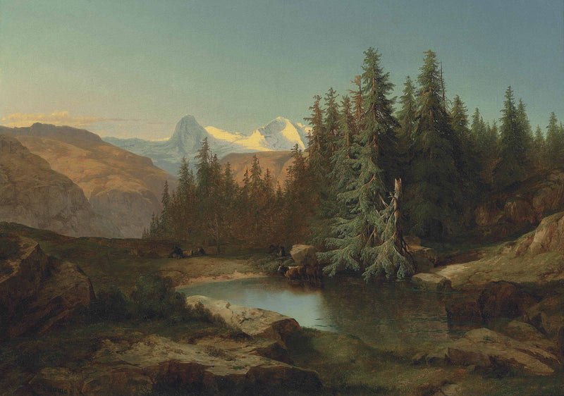 Little mountain lake, view of the Bernese Alps by Alexandre Calame — Oil Painting Reproduction