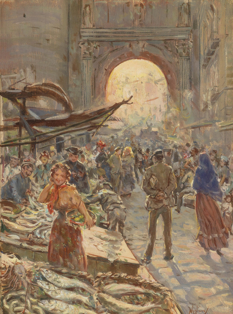 Lively market at the Porta Capuana by Vincenzo Migliaro — Oil Painting Reproduction