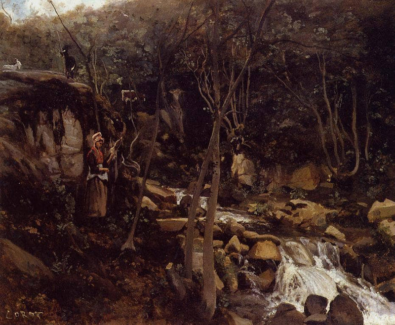 Lormes, A Waterfall with a Standing Peasant, Spinning Wool by Camille Corot — Oil Painting Reproduction