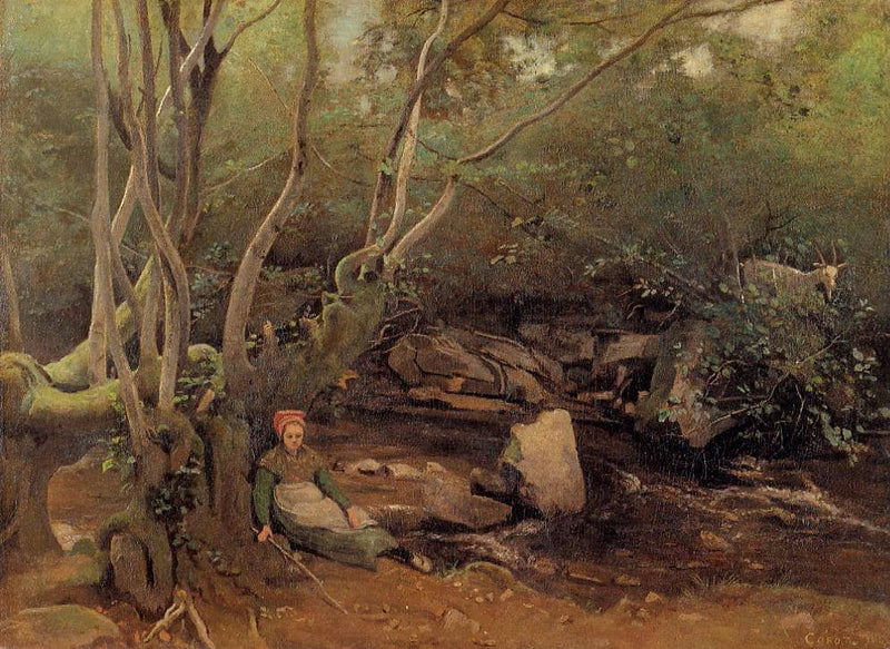 Lormes Shepherdess Sitting under Trees beside a Stream by Camille Corot — Oil Painting Reproduction