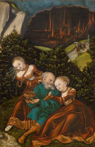 Lot and his daughters in entryway