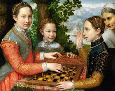 Lucia, Minerva and Europa Anguissola Playing Chess in modern living room