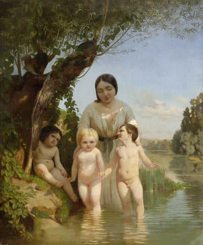 Mother with three children by a river in study