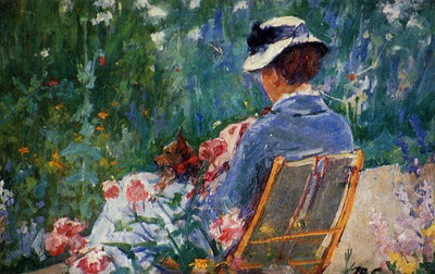 Lydia Seated in the Garden with a Dog in Her Lap in kitchen