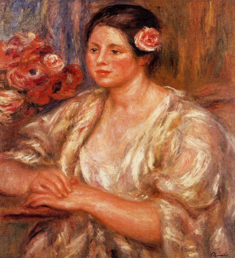 Madelaine in a White Blouse and a Bouquet of Flowers by Pierre-Auguste Renoir — Oil Painting Reproduction