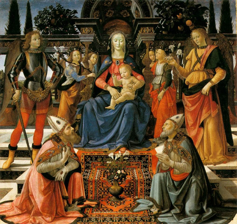Madonna and Child Enthroned with Four Angels, the Archangels Michael and Raphael, and St. Gusto and St. Zenobius by Domenico Ghirlandaio — Oil Painting Reproduction