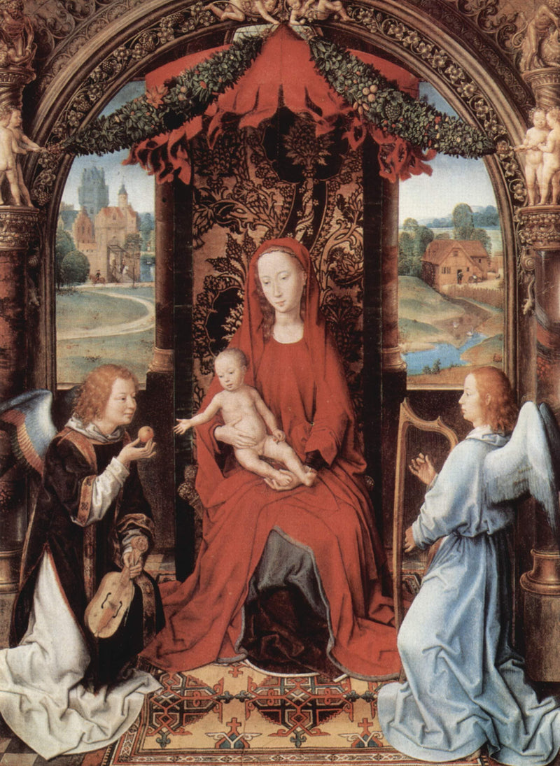 Madonna and Child Enthroned with Two Angels by Hans Memling — Oil Painting Reproduction