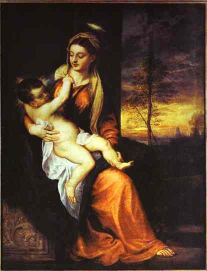 Madonna and Child in an Evening Landscape by Titian — Oil Painting Reproduction