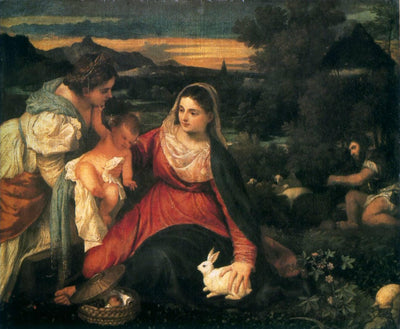 Madonna and Child with St. Catherine and a Rabbit in modern living room