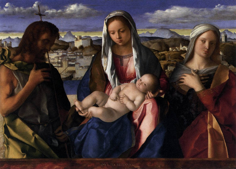 Madonna and Child with St.John the Baptist and a Saint, detail of the background waterside city by Giovanni Bellini — Oil Painting Reproduction