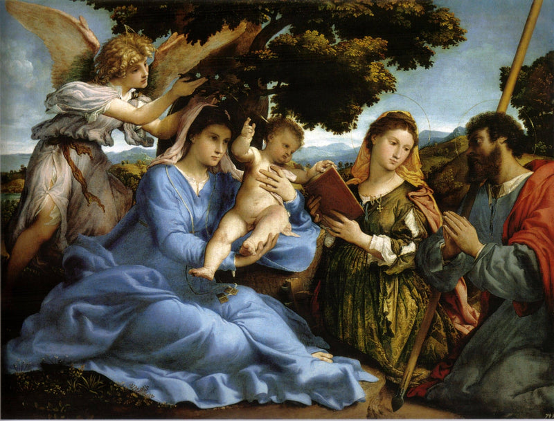 Madonna and St. Catherine of Alexandria, St. James the Greater and an angel by Lorenzo Lotto — Oil Painting Reproduction
