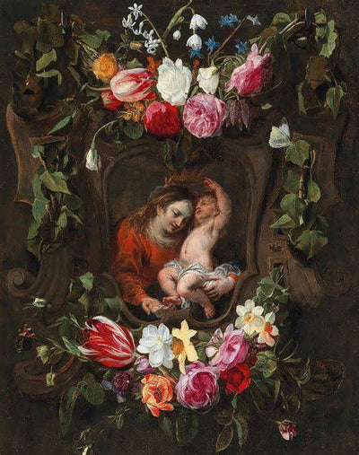 Madonna with child in a cartouche framed by a garland of flowers in study