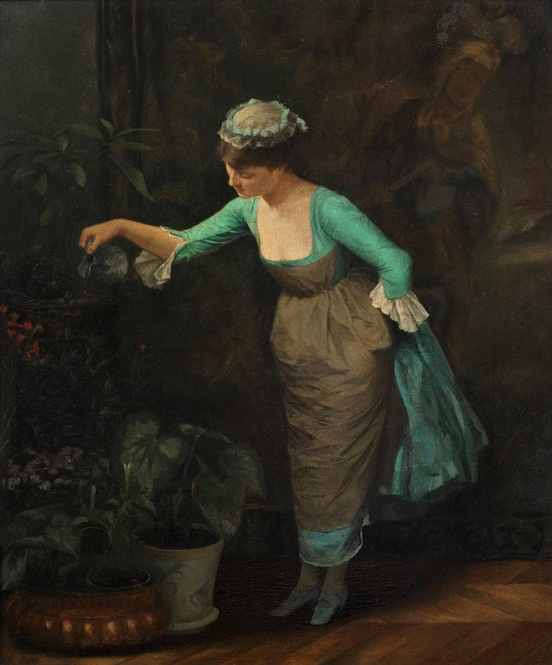 Maid watering flowers by Théodore Ralli — Oil Painting Reproduction
