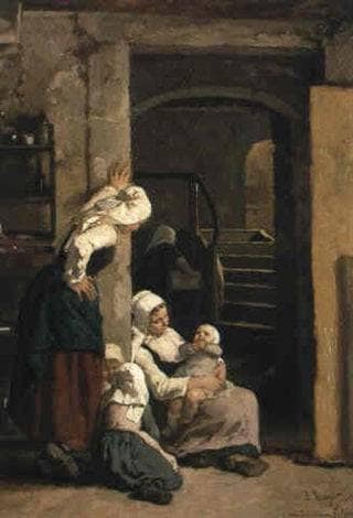 Maid with her children by Jules Trayer — Oil Painting Reproduction
