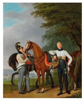 Major of Austriaâs second Dragoon regiment Valentin Josef von Veigel standing next to his horse and batman in master bedroom