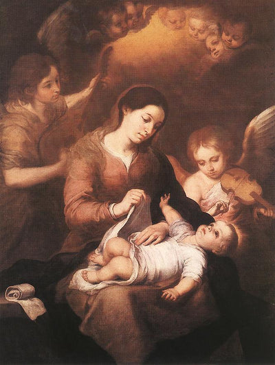Mary and Child with Angels Playing Music in apartment