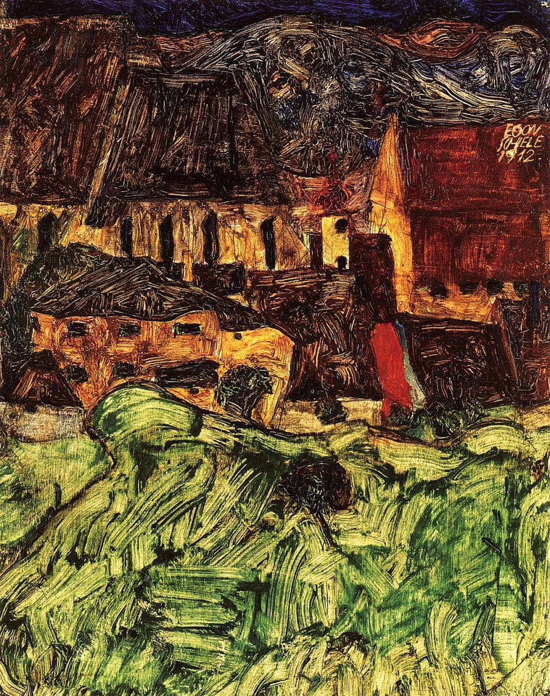 Meadow, Church and Houses by Egon Schiele — Oil Painting Reproduction