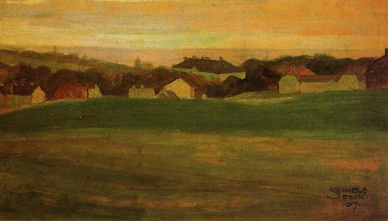 Meadow with Village in Background by Egon Schiele — Oil Painting Reproduction