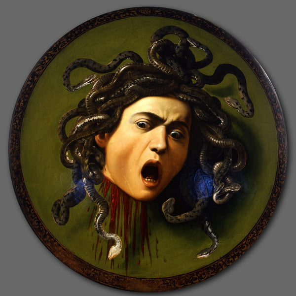 Medusa by Caravaggio, the severed head of Medusa with snakes for hair, painted on a round shield.