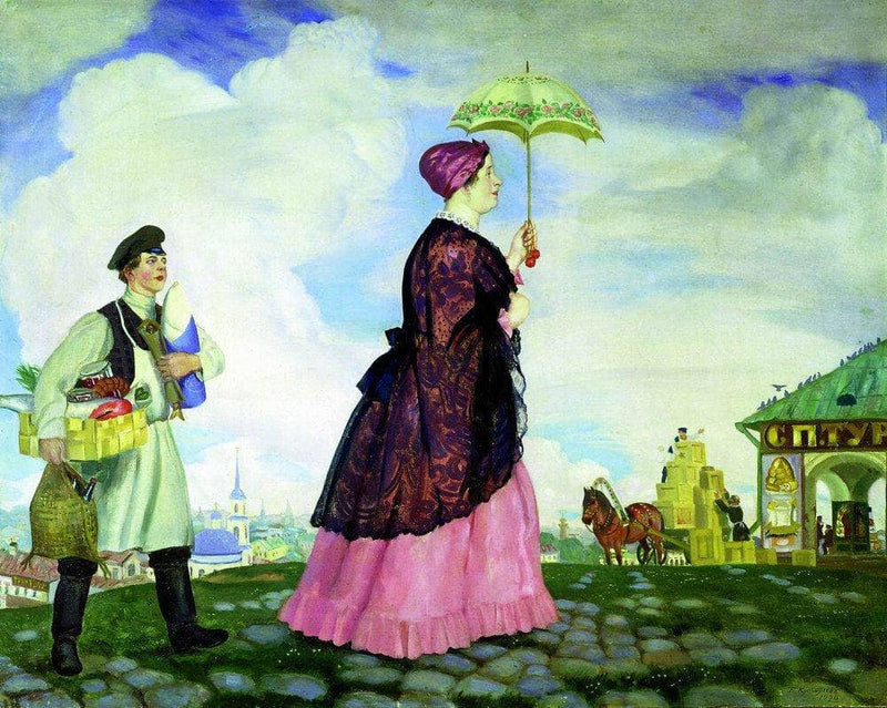 Merchant's Wife with Purchases by Boris Kustodiev — Oil Painting Reproduction