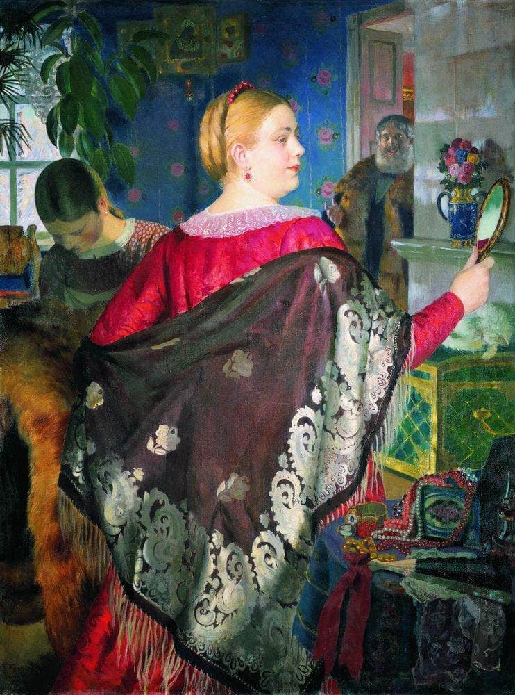 Merchant's Woman with a Mirror by Boris Kustodiev — Oil Painting Reproduction