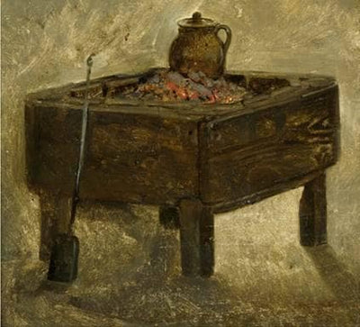 Stove with hot coals and a jug in modern living room