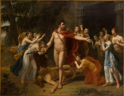 Minotaur struck down by Theseus in dining room