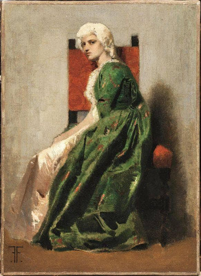 Model in green dress in modern living room