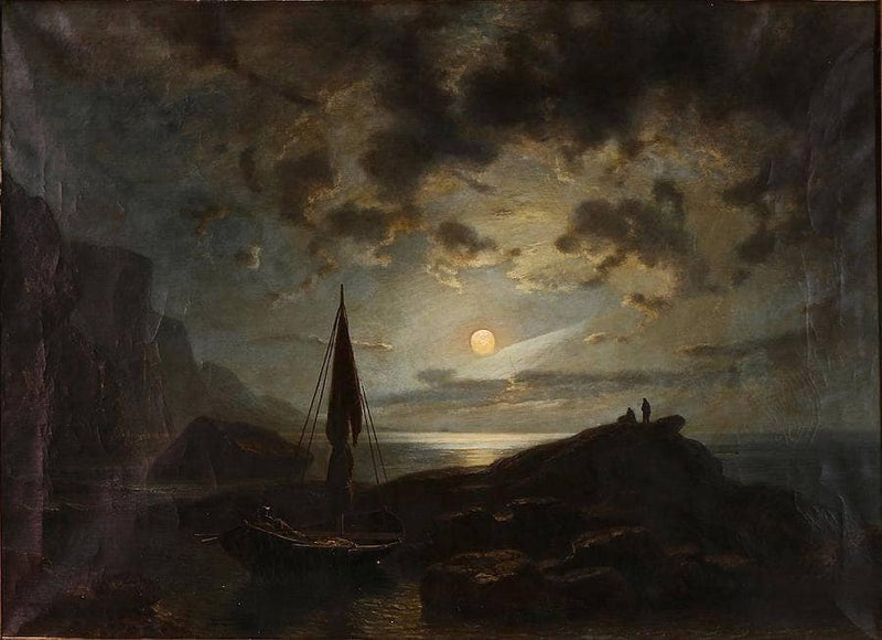 Moonlight over a rocky coast by Knud Baade — Oil Painting Reproduction