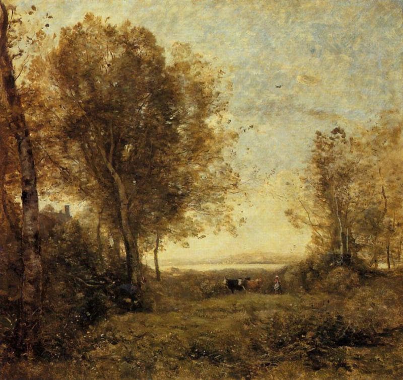 Morning, Woman Hearding Cows by Camille Corot — Oil Painting Reproduction